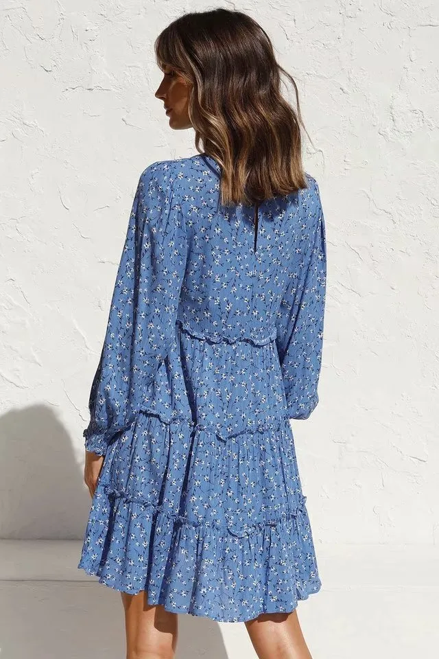Floral Ruffled Shirred Frill Elastic Sleeve Vacation Mini Dresses