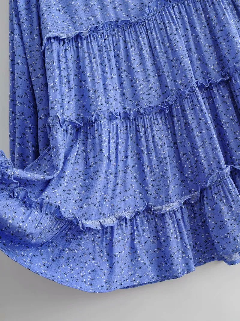 Floral Ruffled Shirred Frill Elastic Sleeve Vacation Mini Dresses