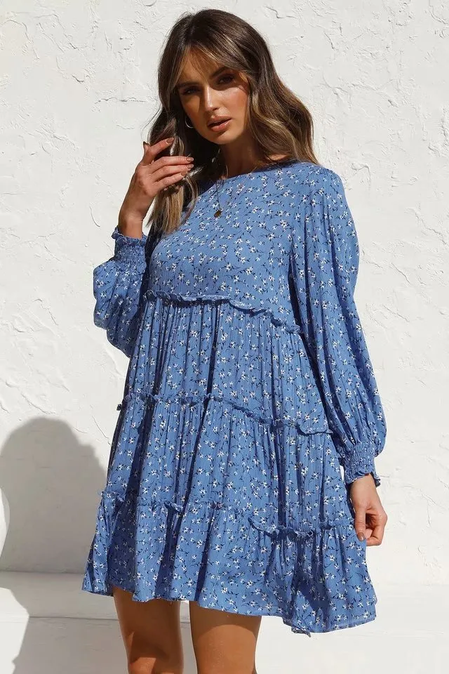 Floral Ruffled Shirred Frill Elastic Sleeve Vacation Mini Dresses