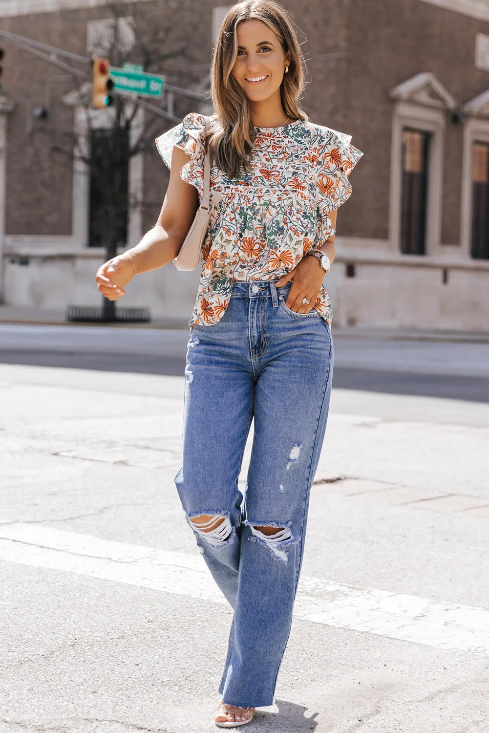Floral Shirred Ruffle Sleeve Blouse