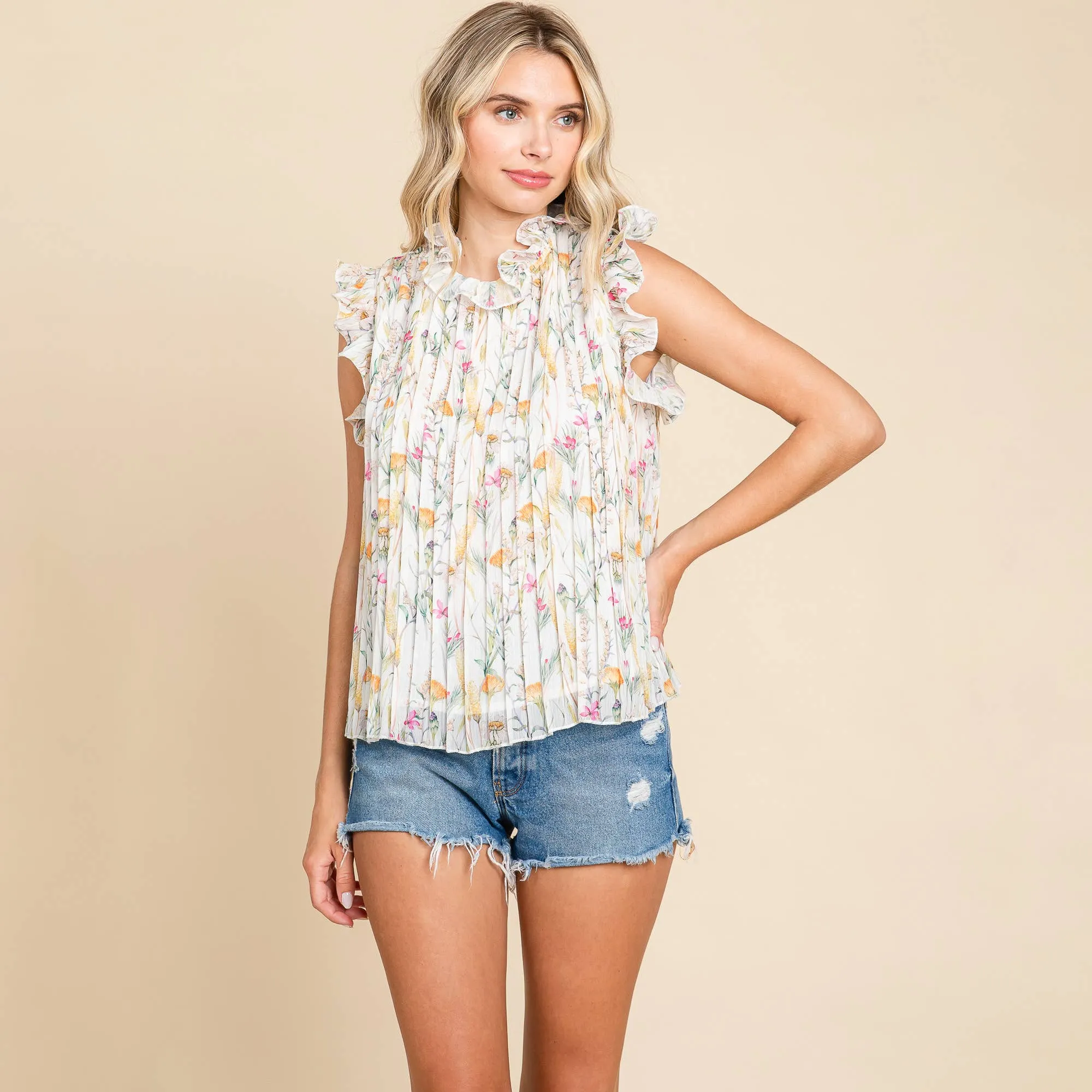 FLORAL SLEEVELESS FRILL NECK PLEATED BABYFDOLL TOP