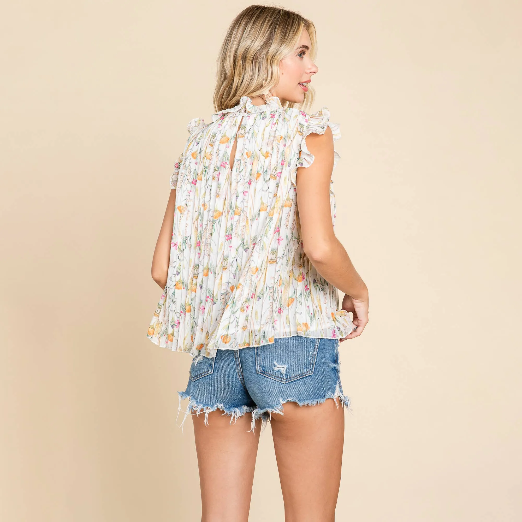 FLORAL SLEEVELESS FRILL NECK PLEATED BABYFDOLL TOP