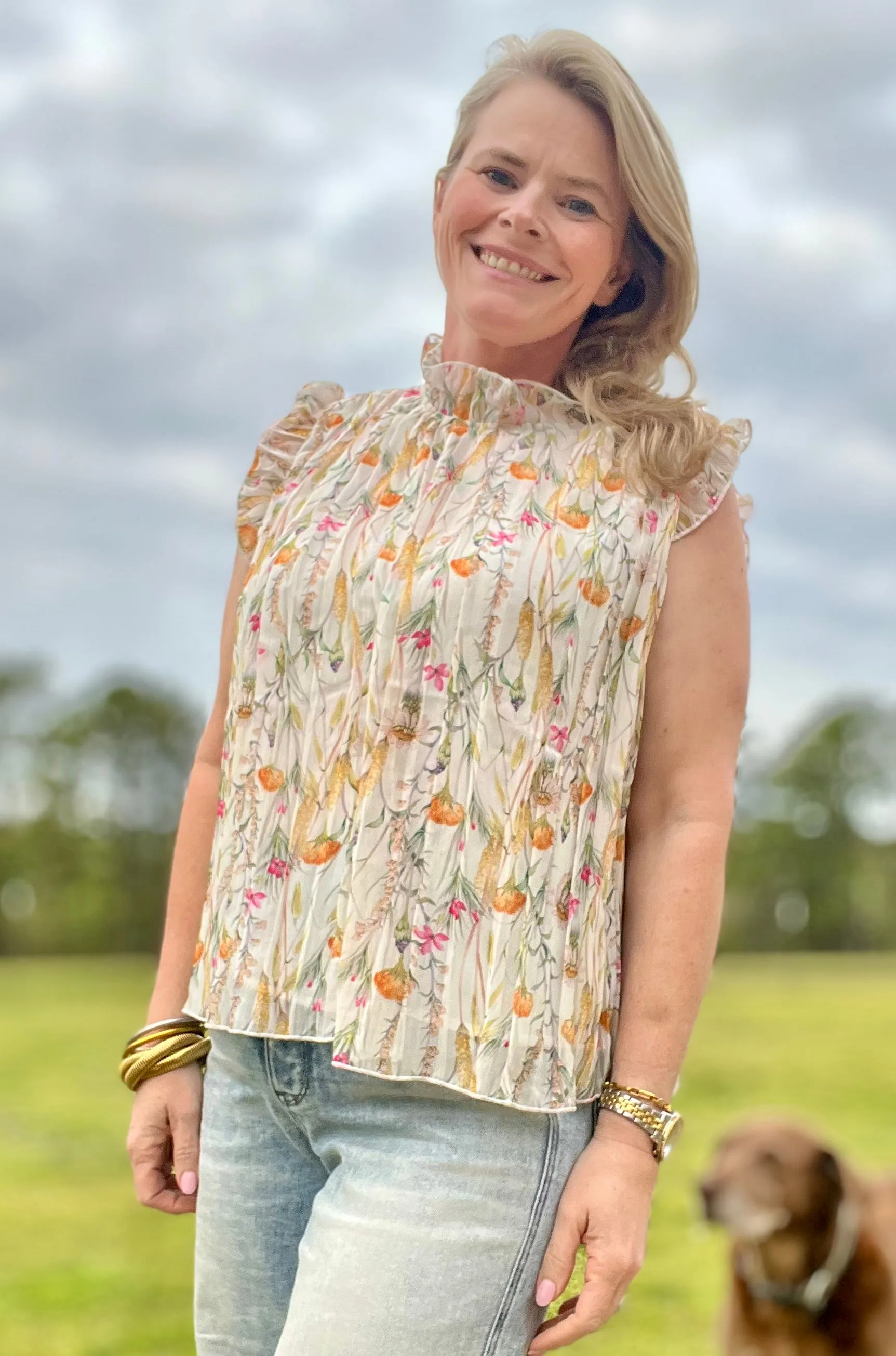 FLORAL SLEEVELESS FRILL NECK PLEATED BABYFDOLL TOP