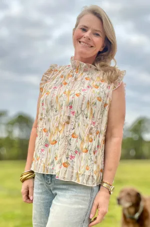 FLORAL SLEEVELESS FRILL NECK PLEATED BABYFDOLL TOP