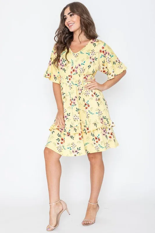 Floral V Neck Ruffle Dress