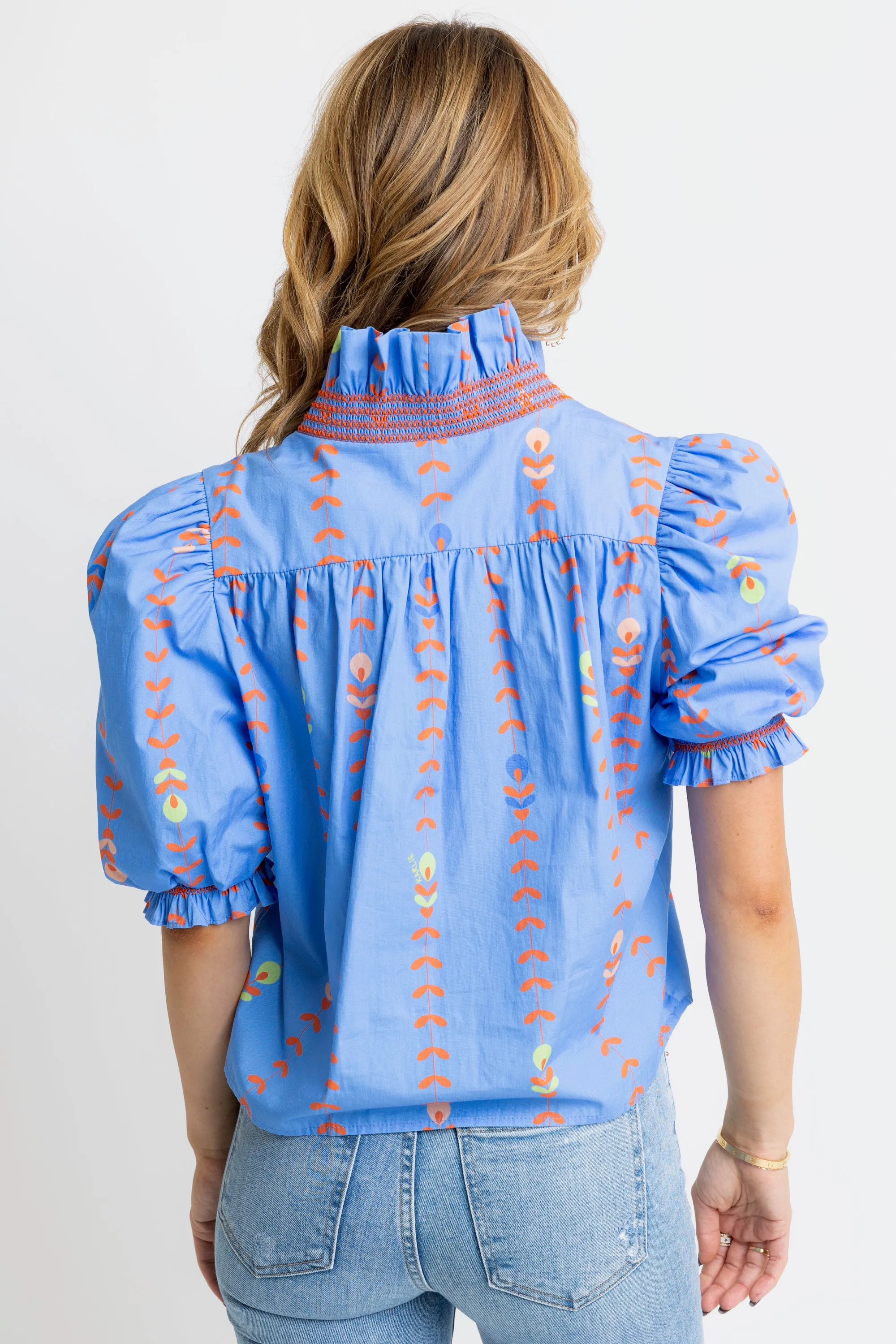 Floral Vine Ruffle Puff Sleeve Top - Periwinkle
