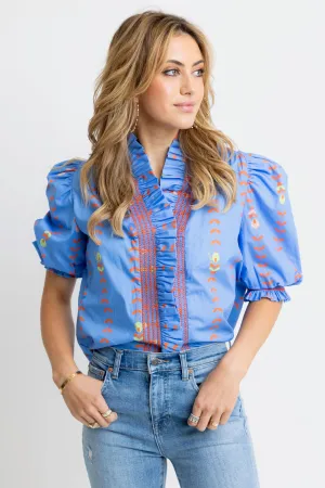 Floral Vine Ruffle Puff Sleeve Top - Periwinkle