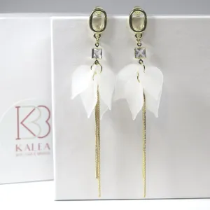 Floral White Ear Studs, Flower Petal White Bridal Earrings, Wedding Floral Chain Dangle Earrings