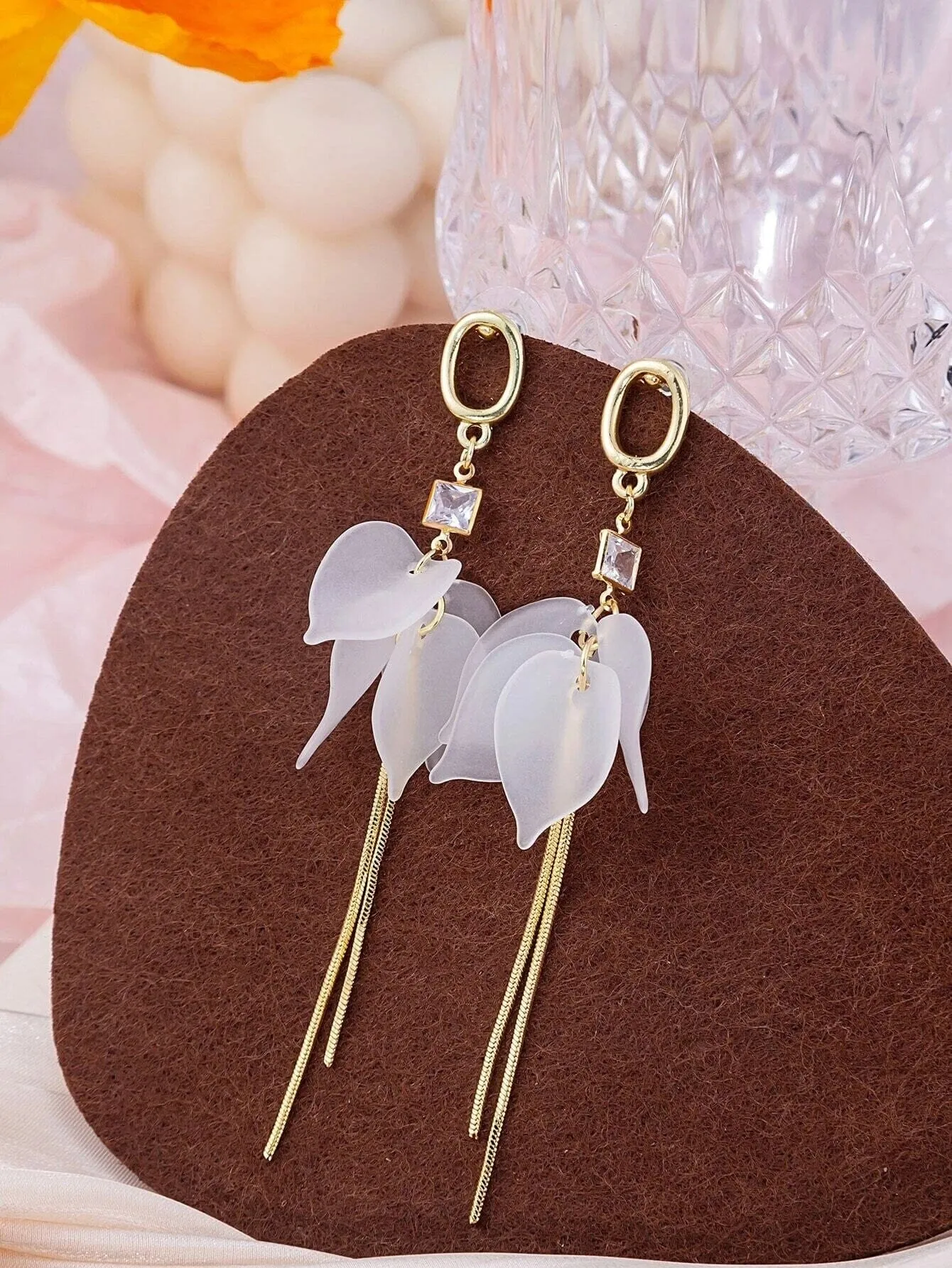 Floral White Ear Studs, Flower Petal White Bridal Earrings, Wedding Floral Chain Dangle Earrings