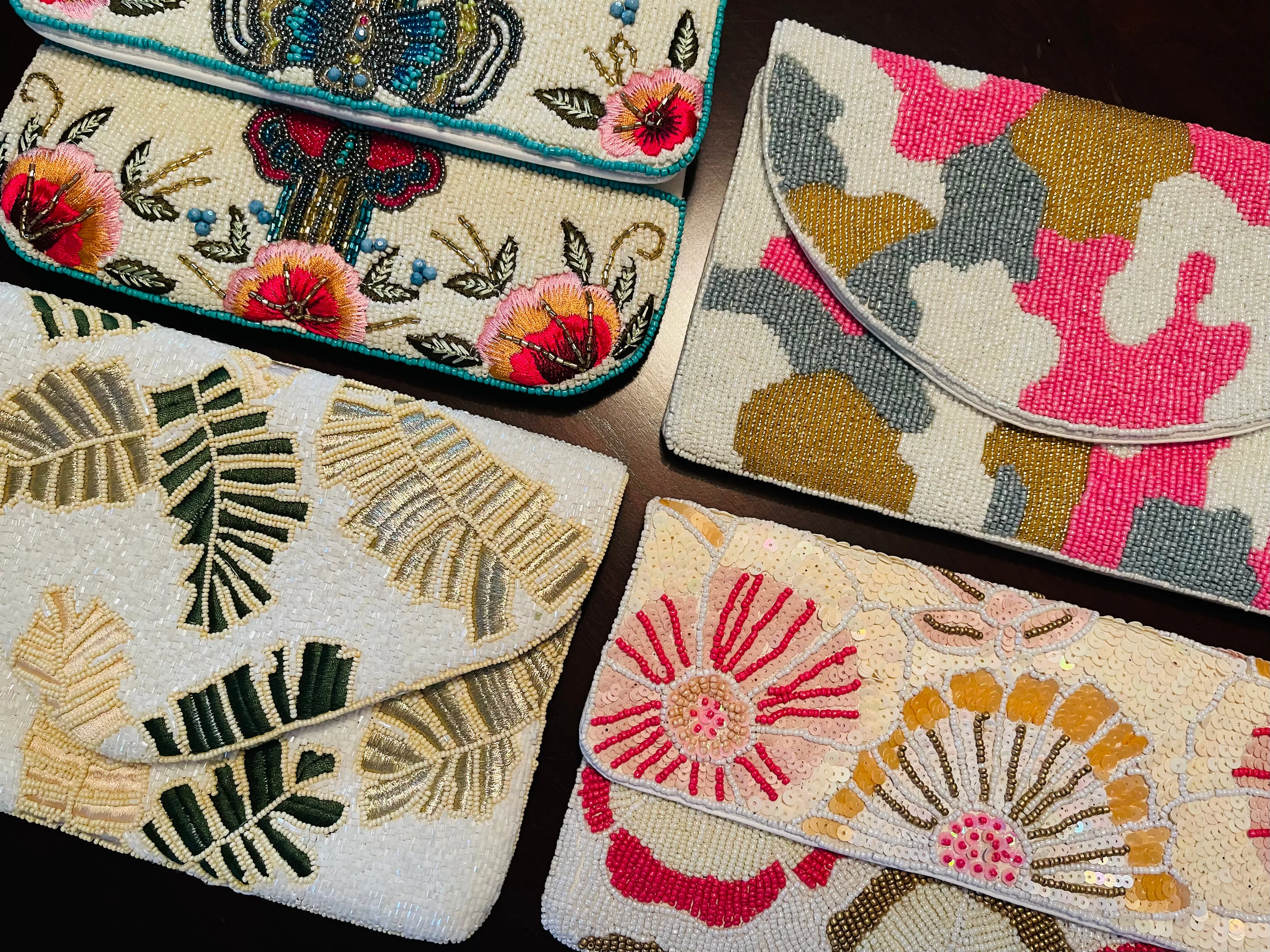 Foliage Print Handmade Beaded Clutch
