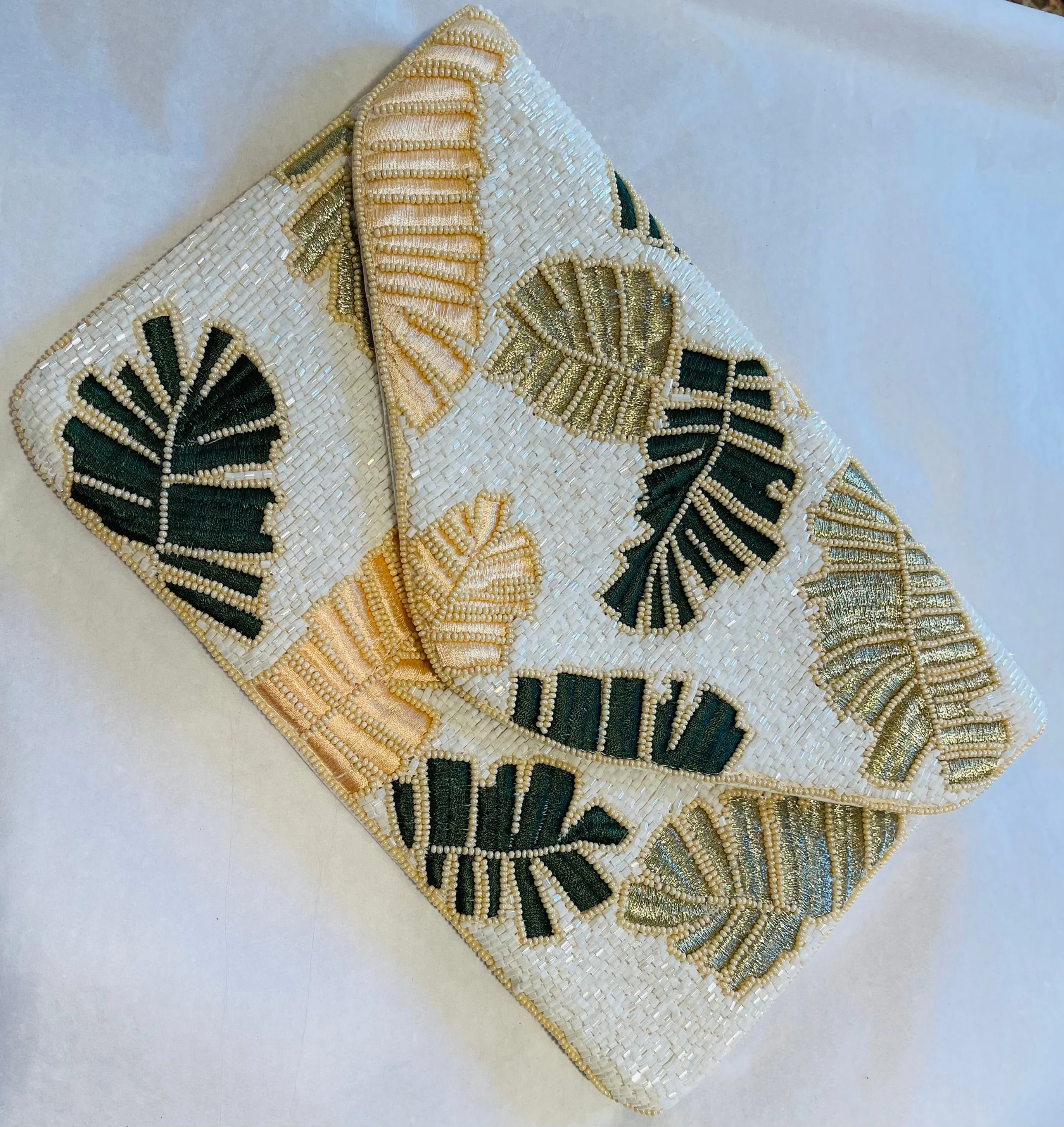 Foliage Print Handmade Beaded Clutch