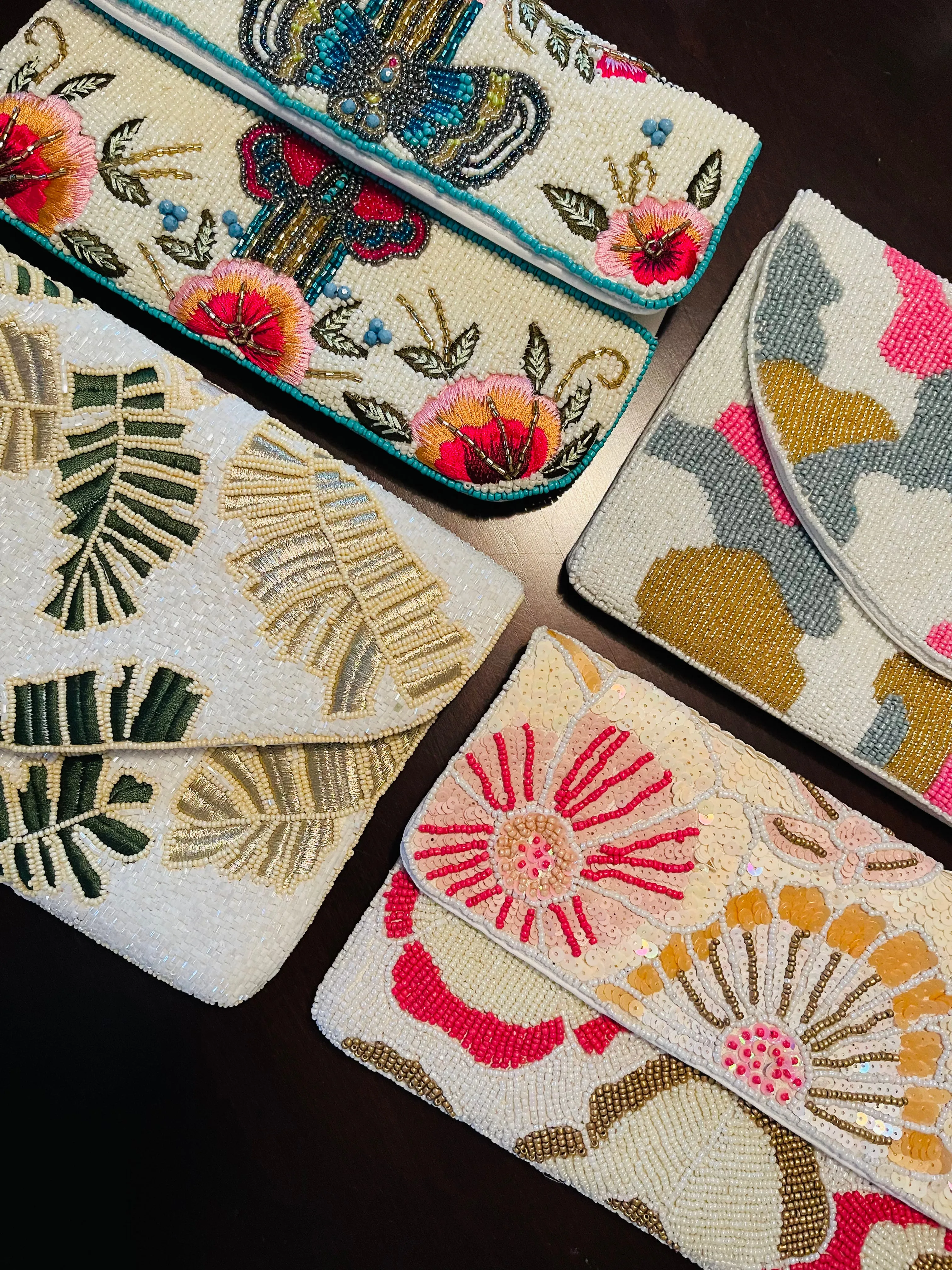 Foliage Print Handmade Beaded Clutch