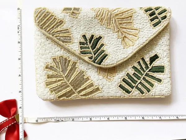 Foliage Print Handmade Beaded Clutch