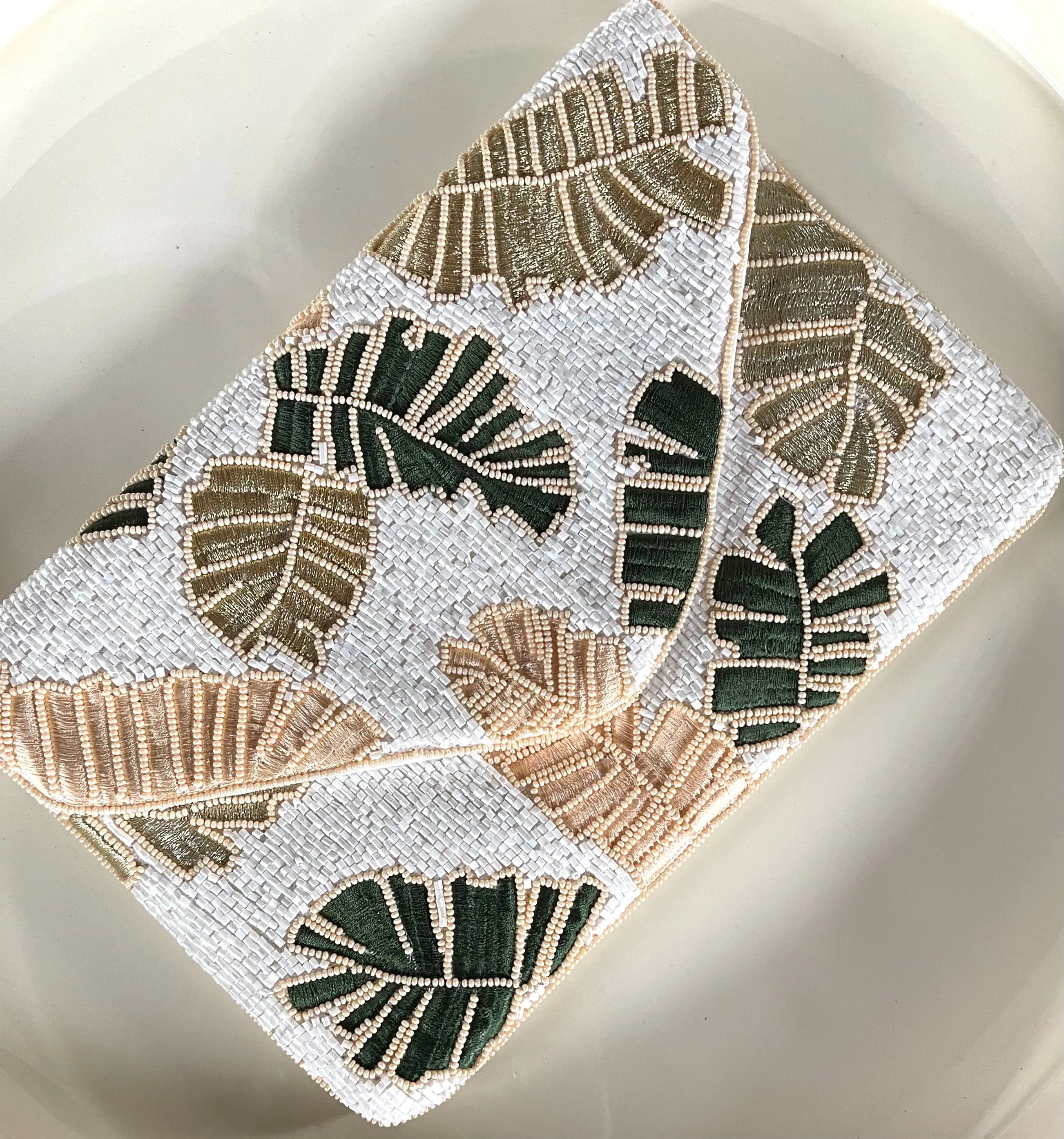 Foliage Print Handmade Beaded Clutch