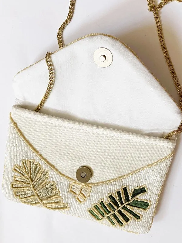 Foliage Print Handmade Beaded Clutch