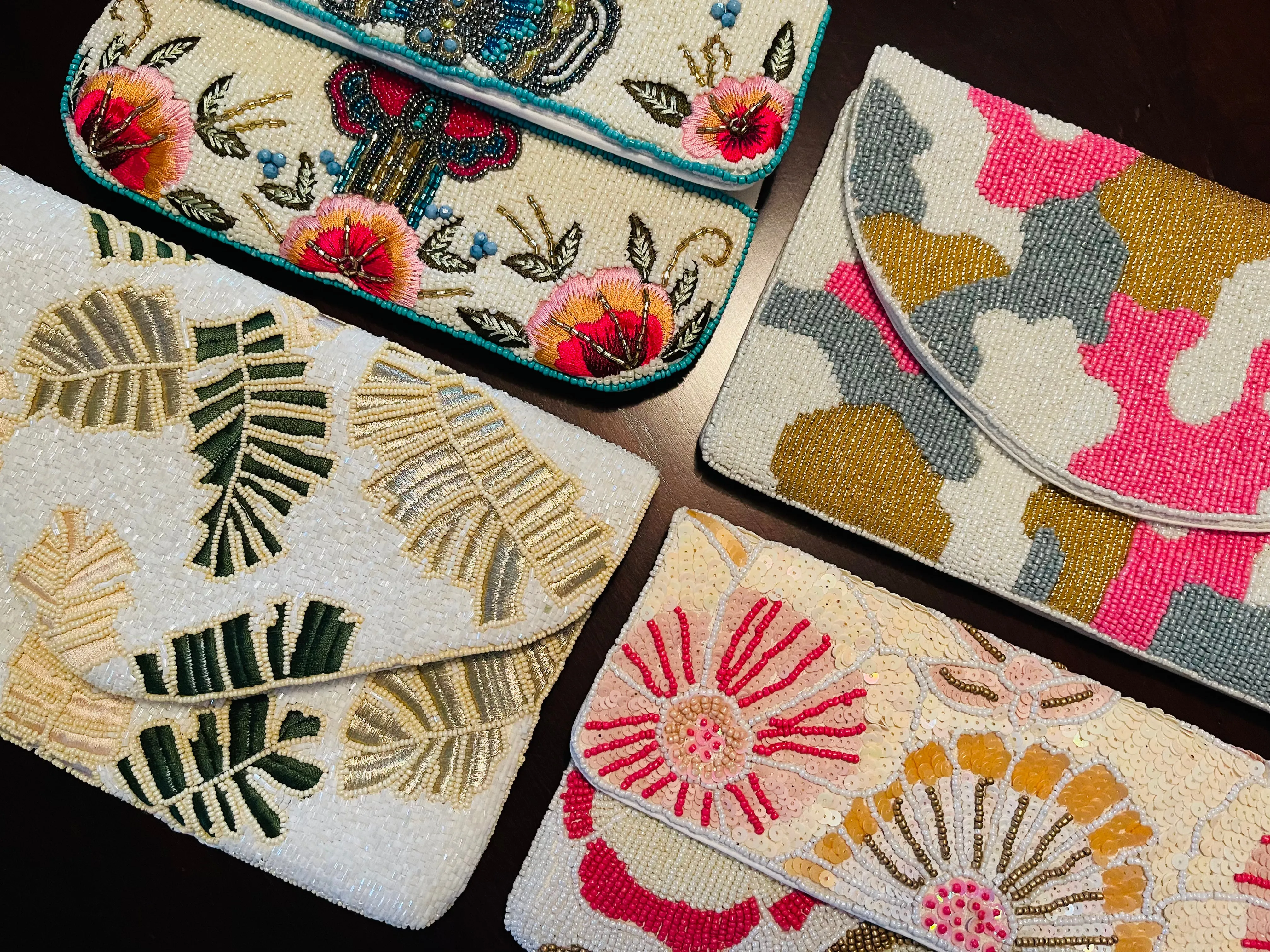 Foliage Print Handmade Beaded Clutch