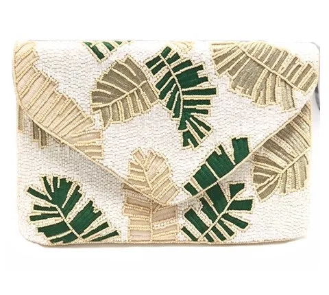 Foliage Print Handmade Beaded Clutch