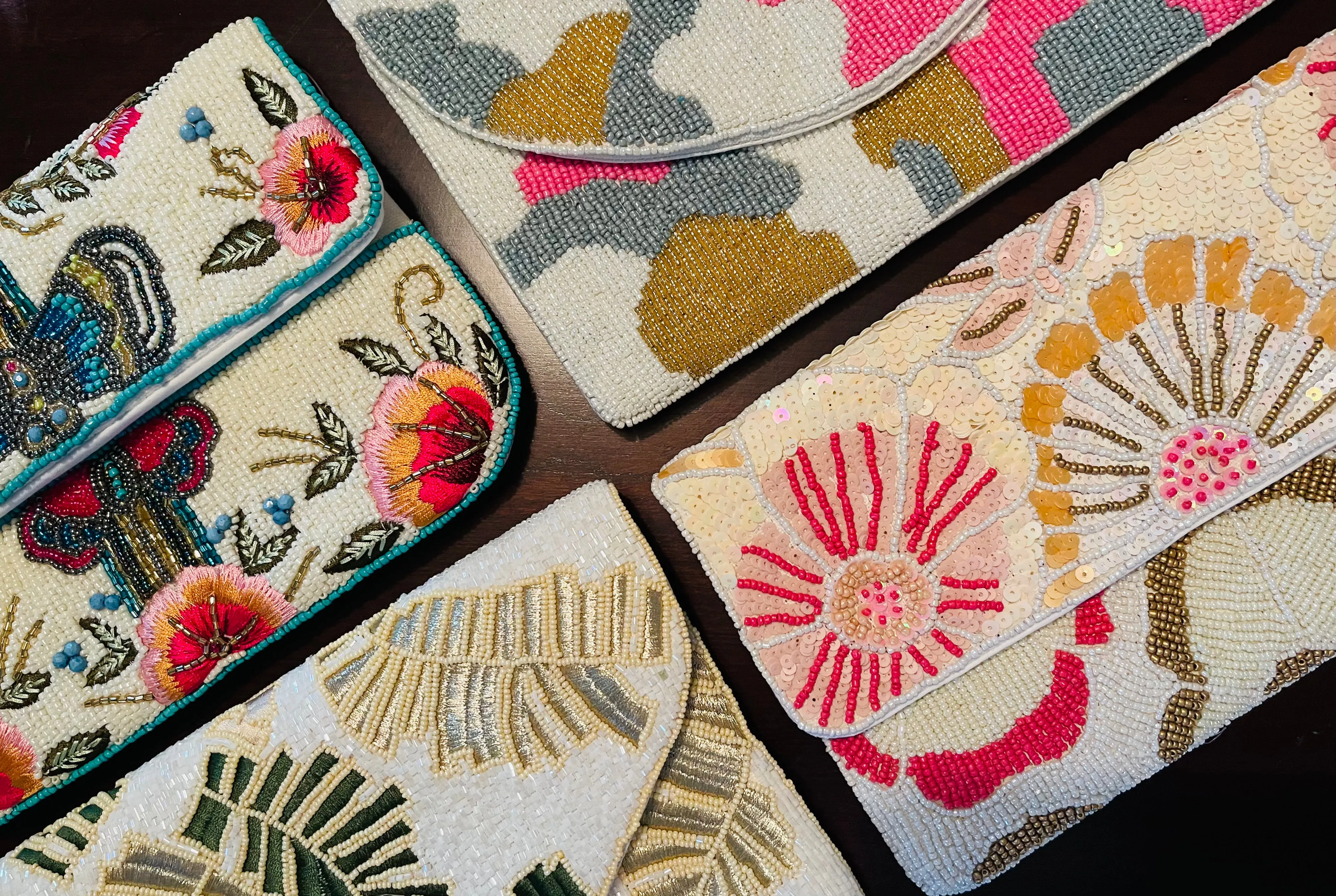 Foliage Print Handmade Beaded Clutch