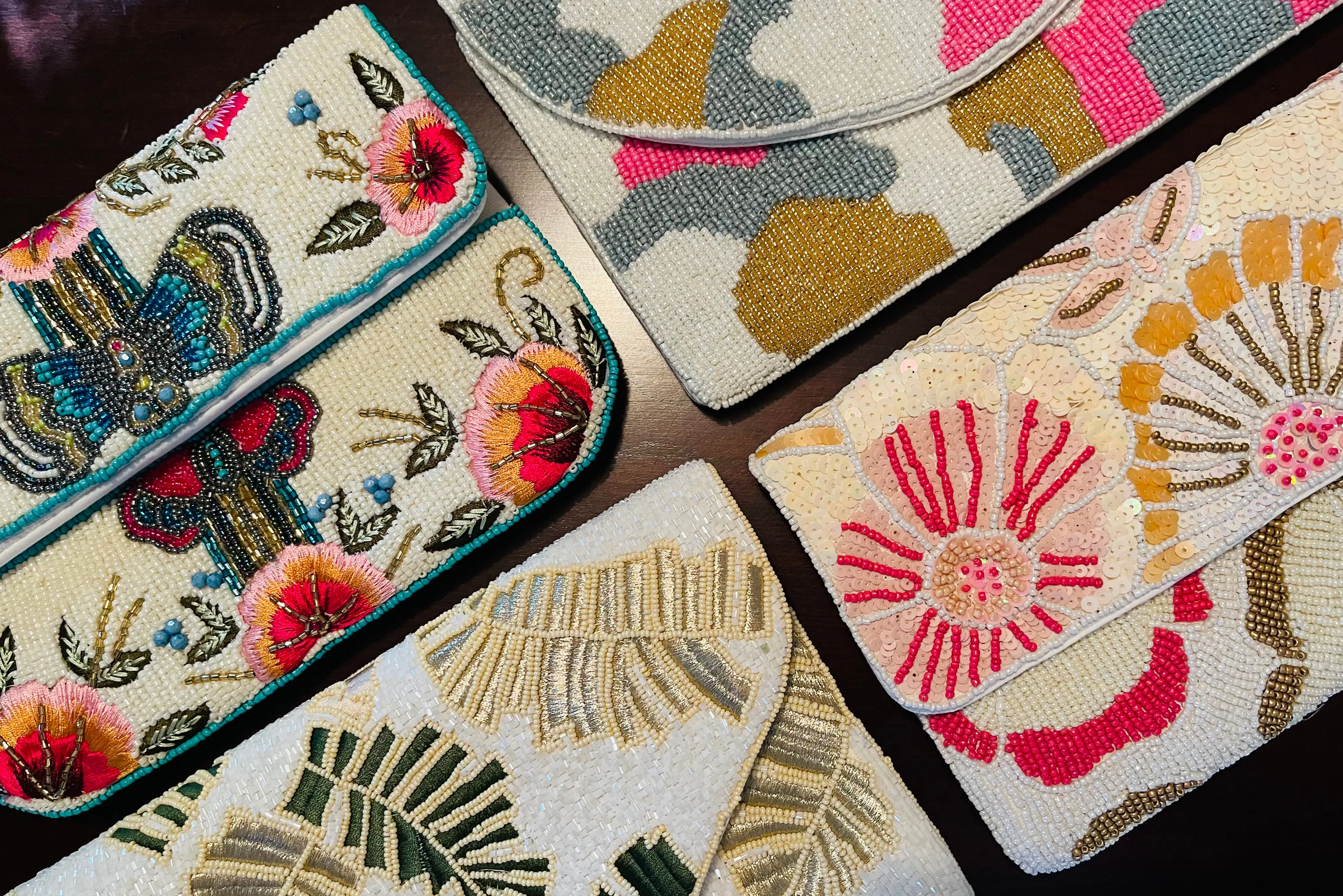 Foliage Print Handmade Beaded Clutch