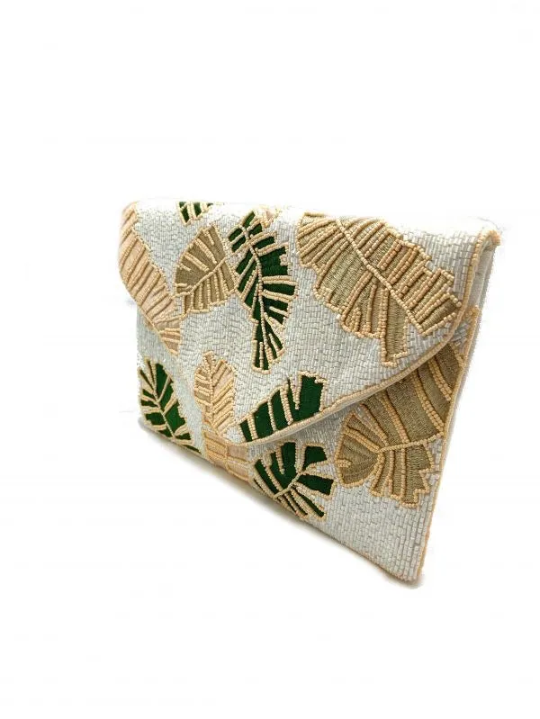 Foliage Print Handmade Beaded Clutch