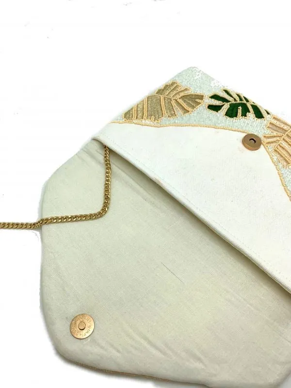 Foliage Print Handmade Beaded Clutch