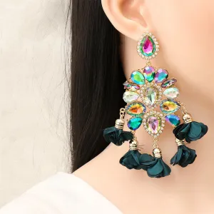 Forest Green & Pink Crystal Flower Tassel Drop Earrings