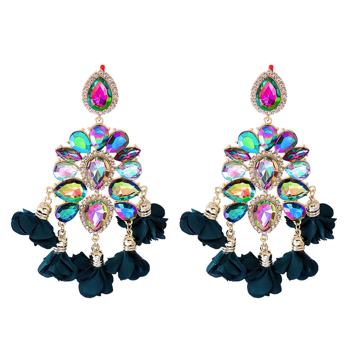 Forest Green & Pink Crystal Flower Tassel Drop Earrings