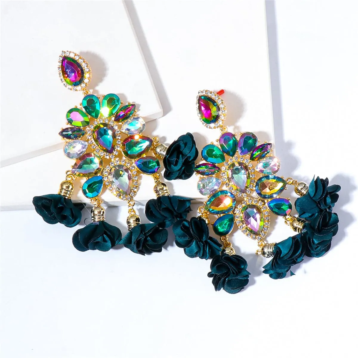 Forest Green & Pink Crystal Flower Tassel Drop Earrings