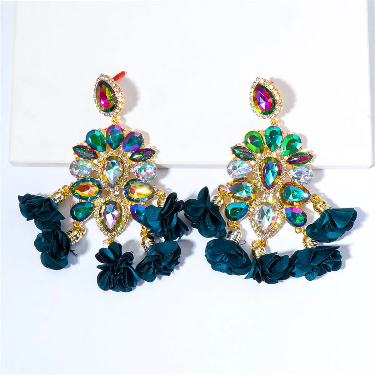 Forest Green & Pink Crystal Flower Tassel Drop Earrings