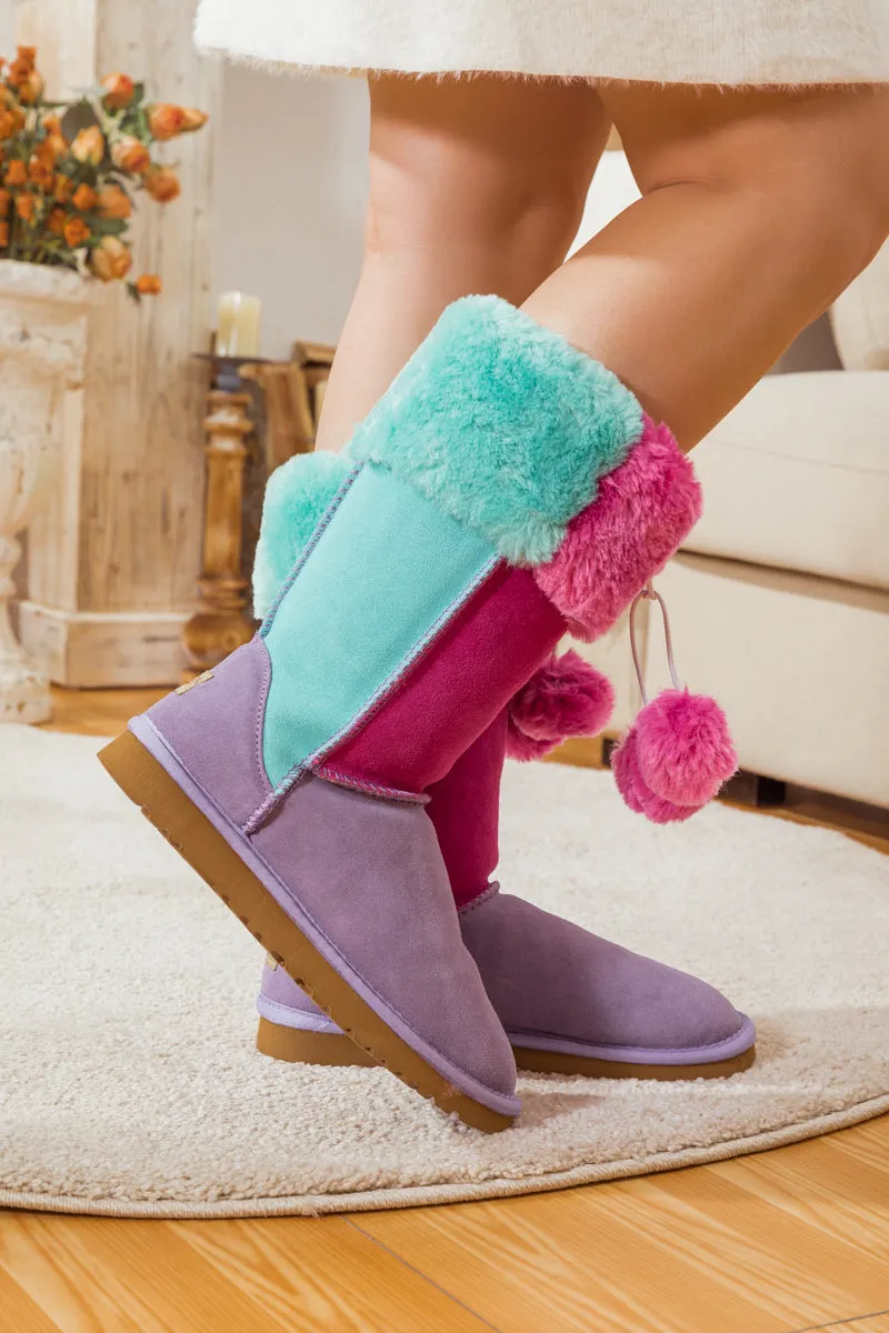 Fringe Ball Color Contrast Suede Boots - Purple