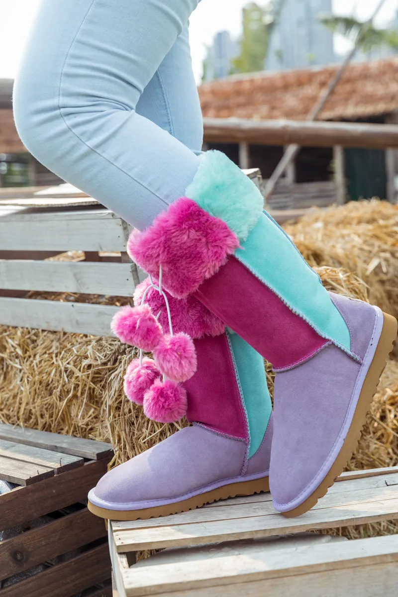 Fringe Ball Color Contrast Suede Boots - Purple