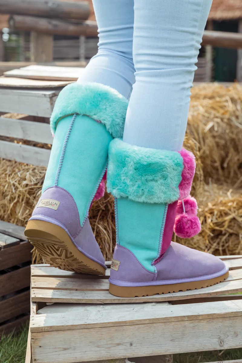 Fringe Ball Color Contrast Suede Boots - Purple