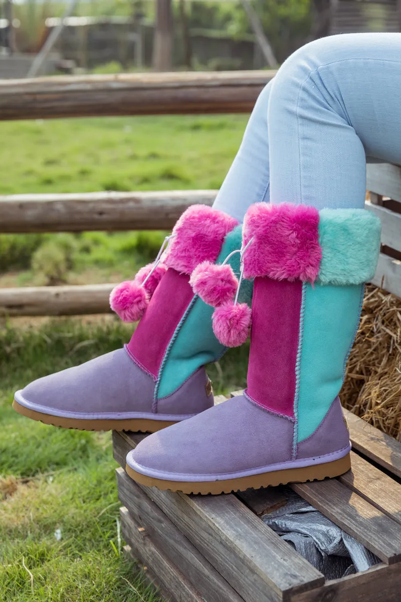 Fringe Ball Color Contrast Suede Boots - Purple