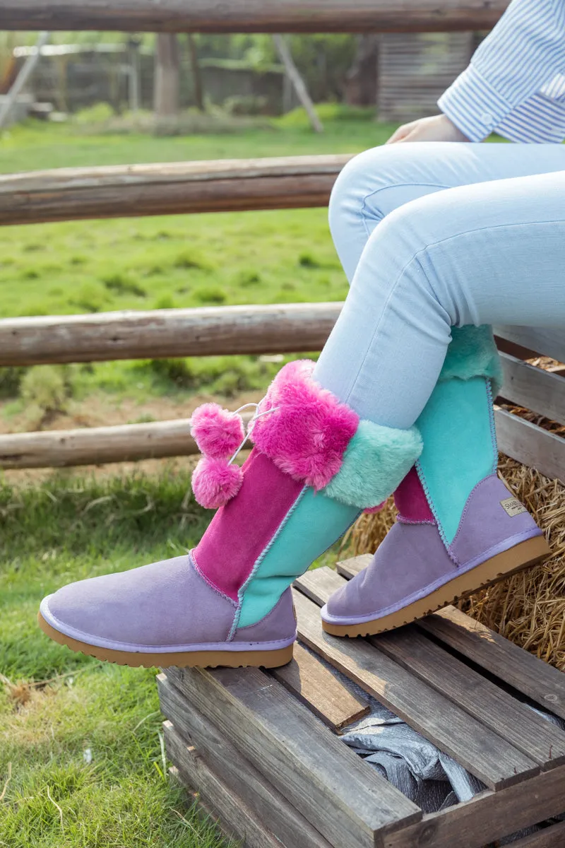 Fringe Ball Color Contrast Suede Boots - Purple