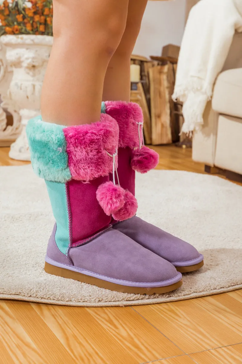 Fringe Ball Color Contrast Suede Boots - Purple