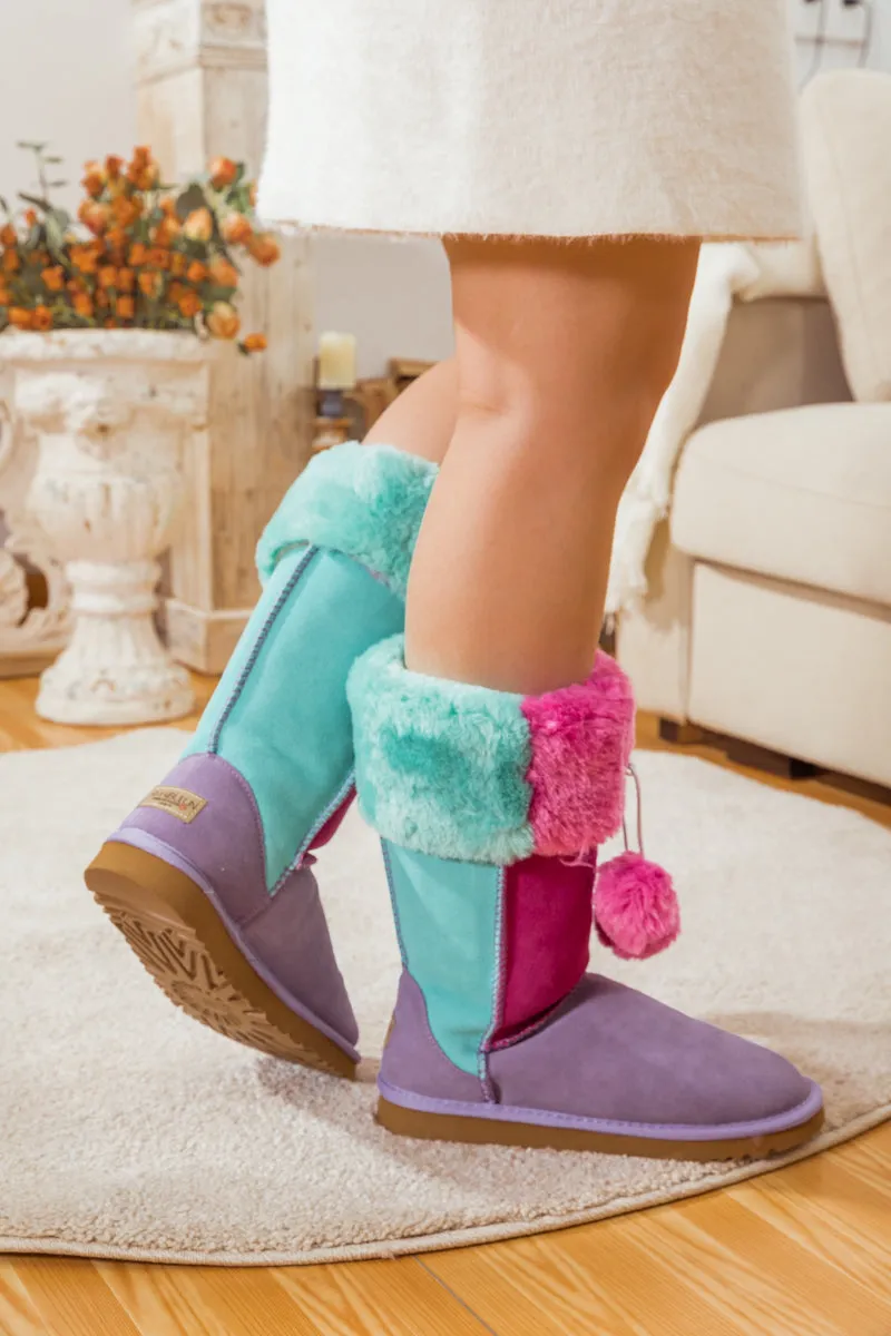 Fringe Ball Color Contrast Suede Boots - Purple