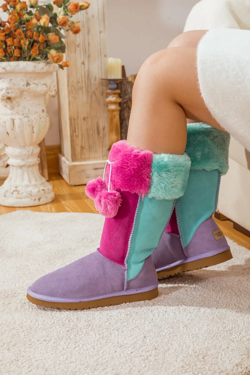 Fringe Ball Color Contrast Suede Boots - Purple