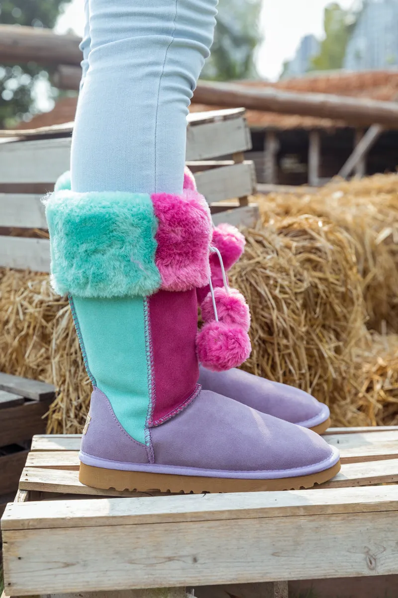 Fringe Ball Color Contrast Suede Boots - Purple
