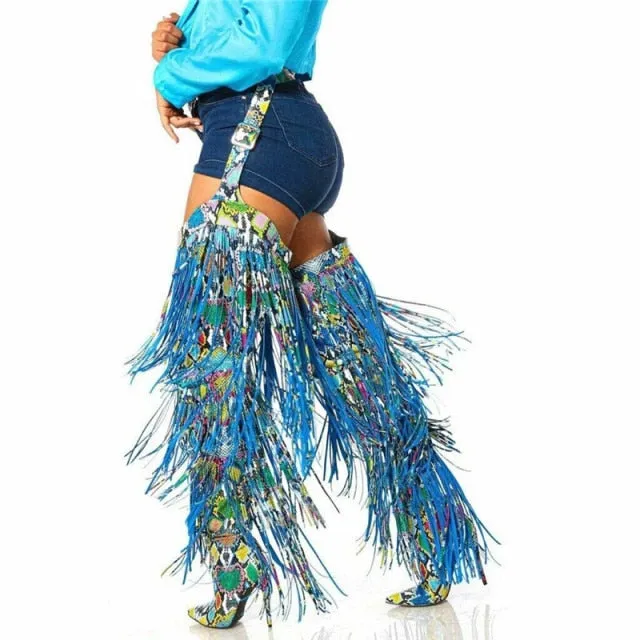 Fringe Belted Chaps Over The Knee Snakeskin Boots