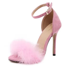 Fuzzy Fur Peep Toe Ankle Strap High Heels