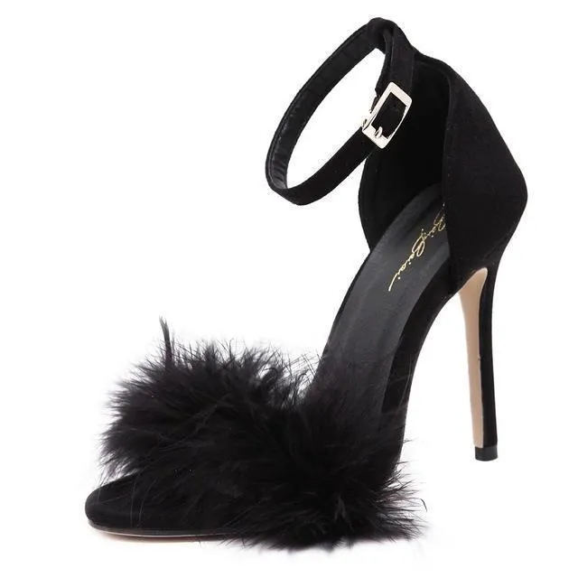 Fuzzy Fur Peep Toe Ankle Strap High Heels