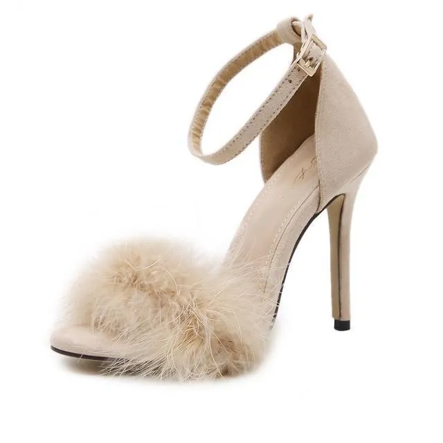 Fuzzy Fur Peep Toe Ankle Strap High Heels