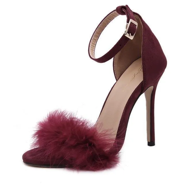 Fuzzy Fur Peep Toe Ankle Strap High Heels