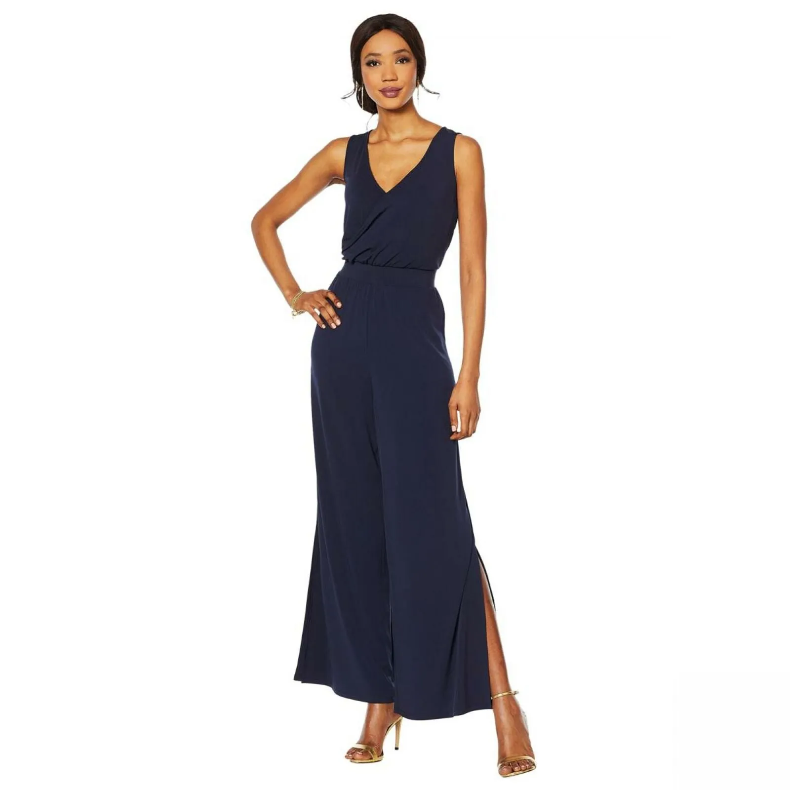 G by Giuliana Women's Plus Size V Neck Wide Leg Knit Jumpsuit Navy 2X