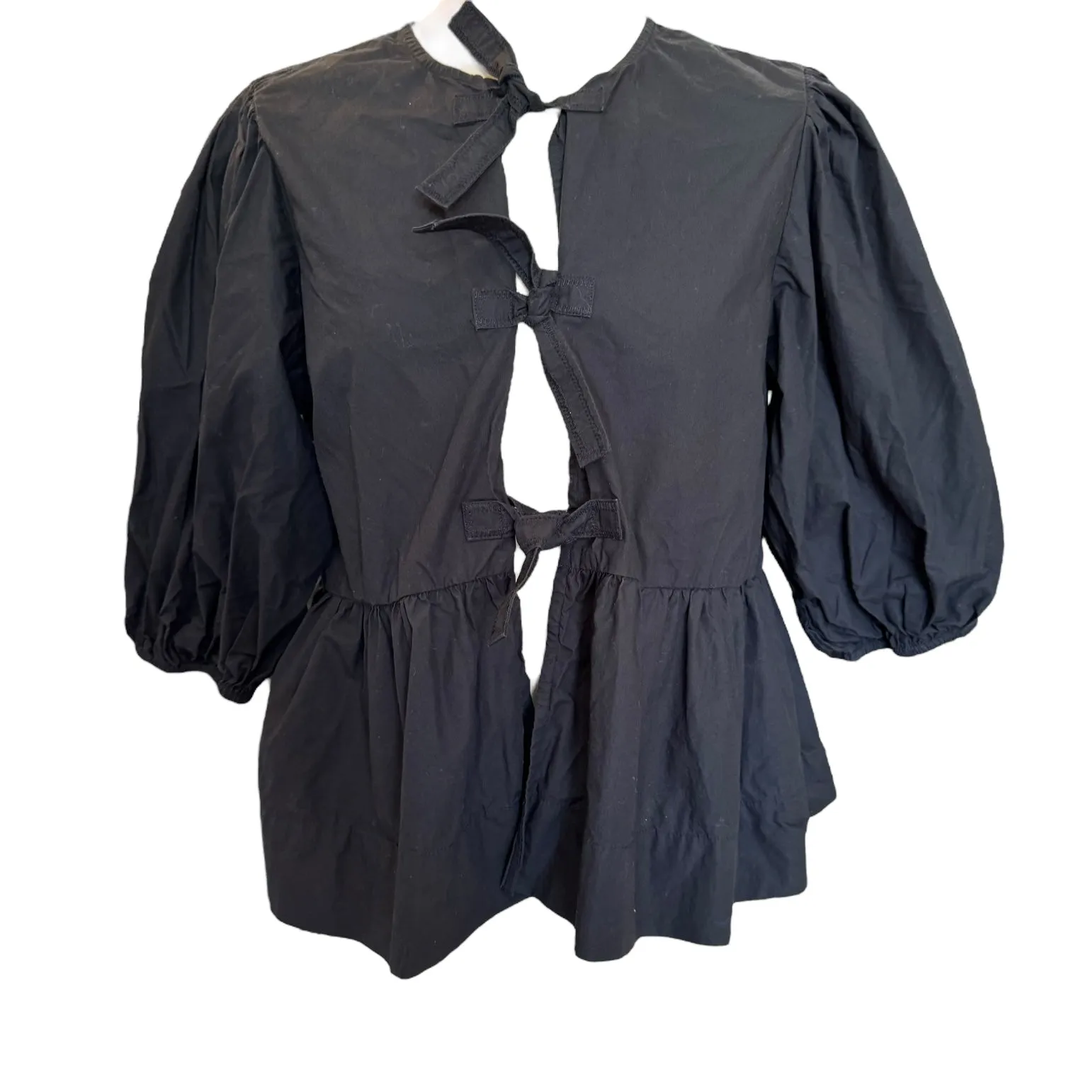 Ganni Black Tie Front Peplum Blouse - 12