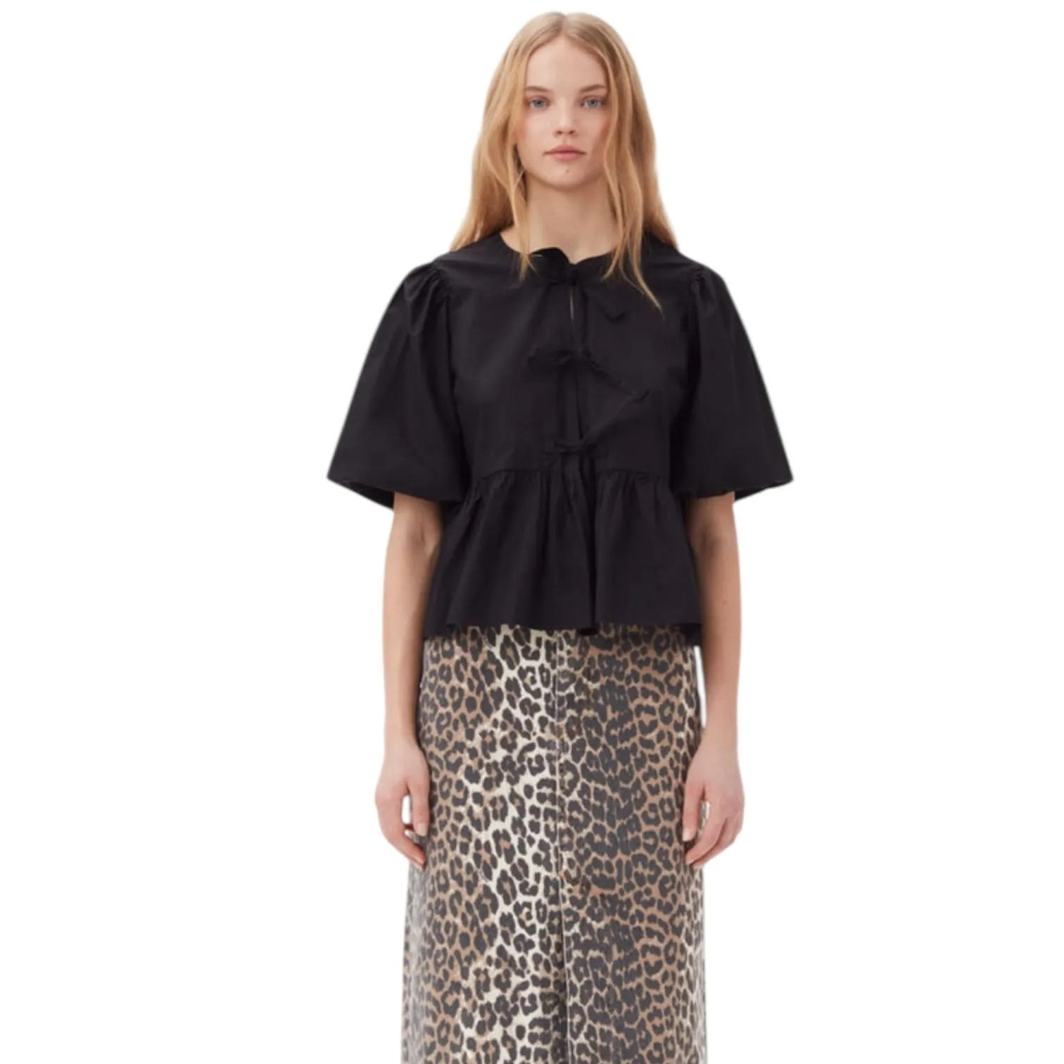 Ganni Black Tie Front Peplum Blouse - 12
