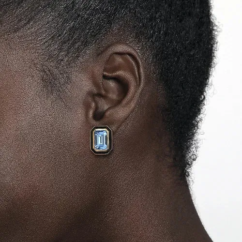 Gemstone Emerald Cut Earrings With Flower Pattern J-Back & Black Enamel