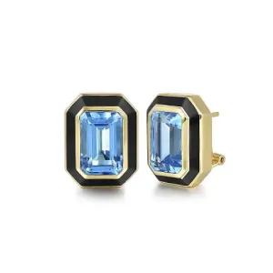 Gemstone Emerald Cut Earrings With Flower Pattern J-Back & Black Enamel