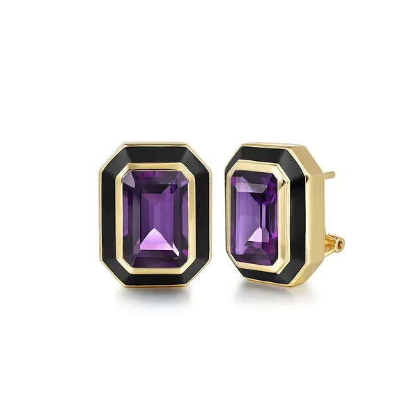 Gemstone Emerald Cut Earrings With Flower Pattern J-Back & Black Enamel