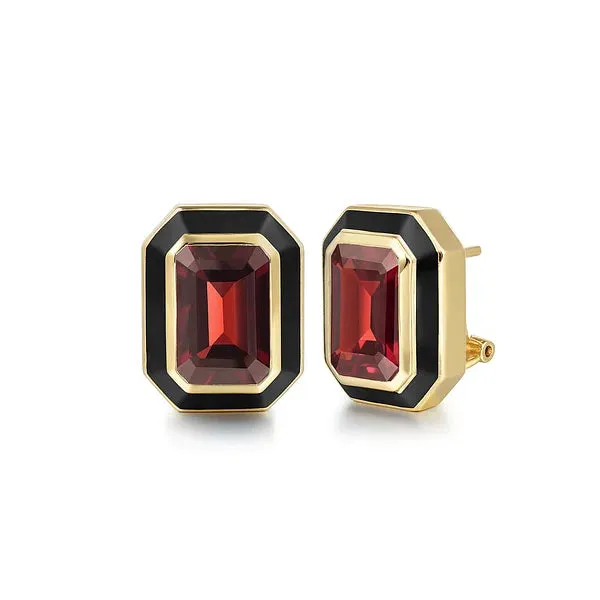 Gemstone Emerald Cut Earrings With Flower Pattern J-Back & Black Enamel